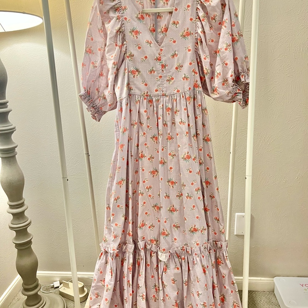 HUNTER BELL Lavender Long Dress with Puff Sleeves and V-Neck